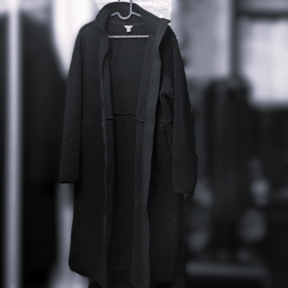 Women's Longline Black Teddy Fleece Hybrid Zip Jacket Coat Size M